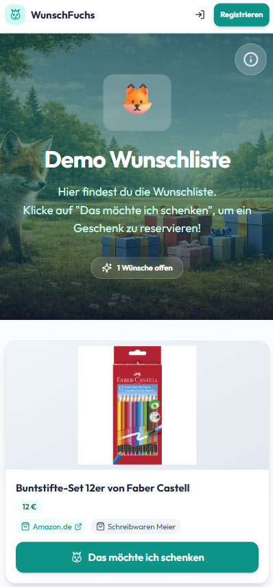 Screenshot einer öffentlichen Online-Wunschliste mit Wunschkarten und Reservierungsstatus