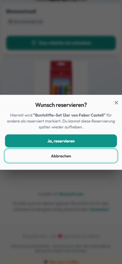 Screenshot der digitalen Wunschliste auf WunschFuchs mit reservierbaren Geschenkideen